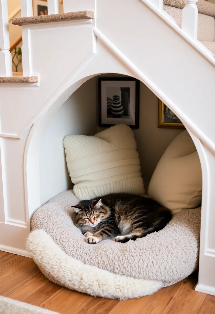 20 Ingenious Homemade Cat Furniture Ideas That Will Have Your Feline Friends Purring in Delight! - 11. A Stylish Cat Bed Under the Stairs