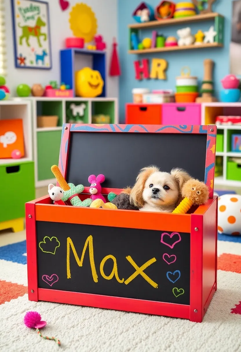 13 Incredible DIY Pet Projects for Toy Boxes (Your Dog Will Love #7!) - 10. Colorful Toy Box with Chalkboard Front