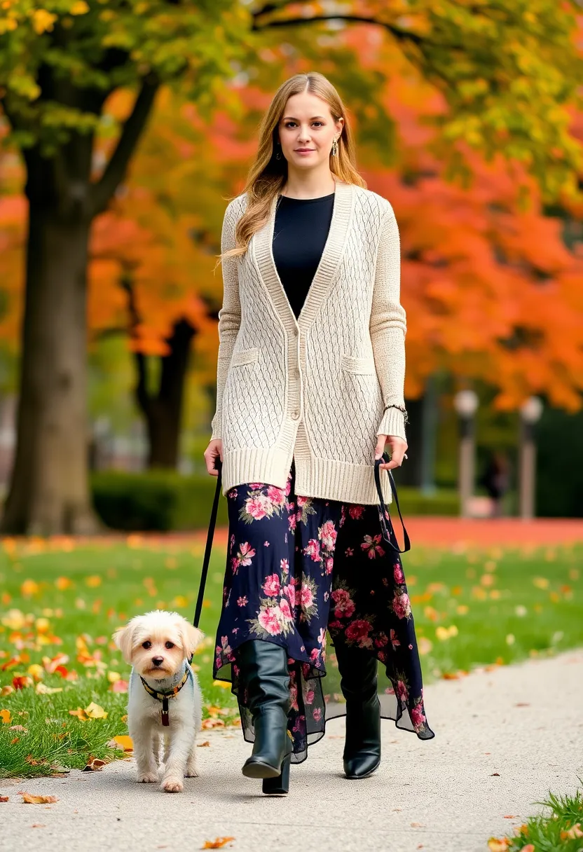 12 Functional Fall Outfits for Dog Walking That Keep You Warm and Stylish! - 10. Elegant Layers: Long Cardigan & Midi Skirt