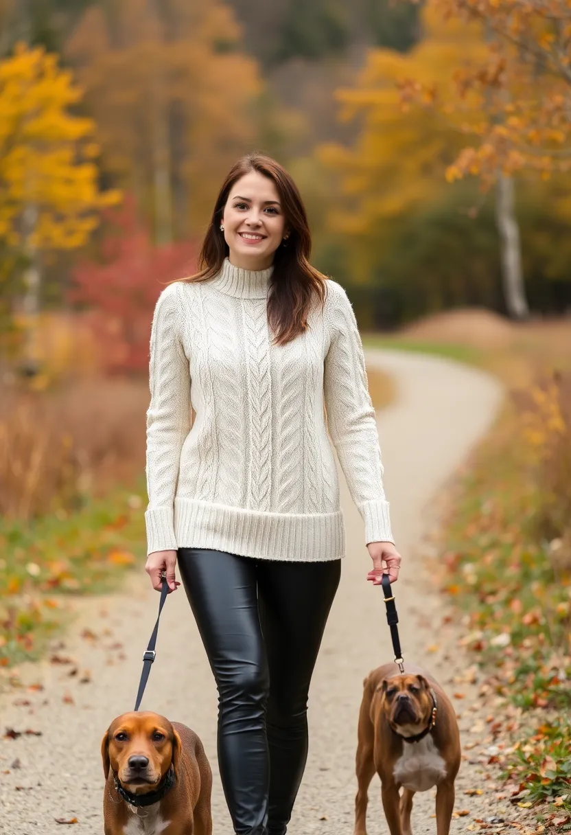 12 Functional Fall Outfits for Dog Walking That Keep You Warm and Stylish! - 8. Textured Layers: Cable Knit Sweater & Faux Leather Pants