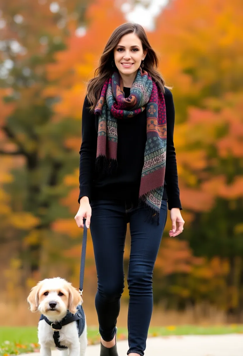 12 Functional Fall Outfits for Dog Walking That Keep You Warm and Stylish! - 12. Bold Prints: Patterned Scarf & Solid Outfit