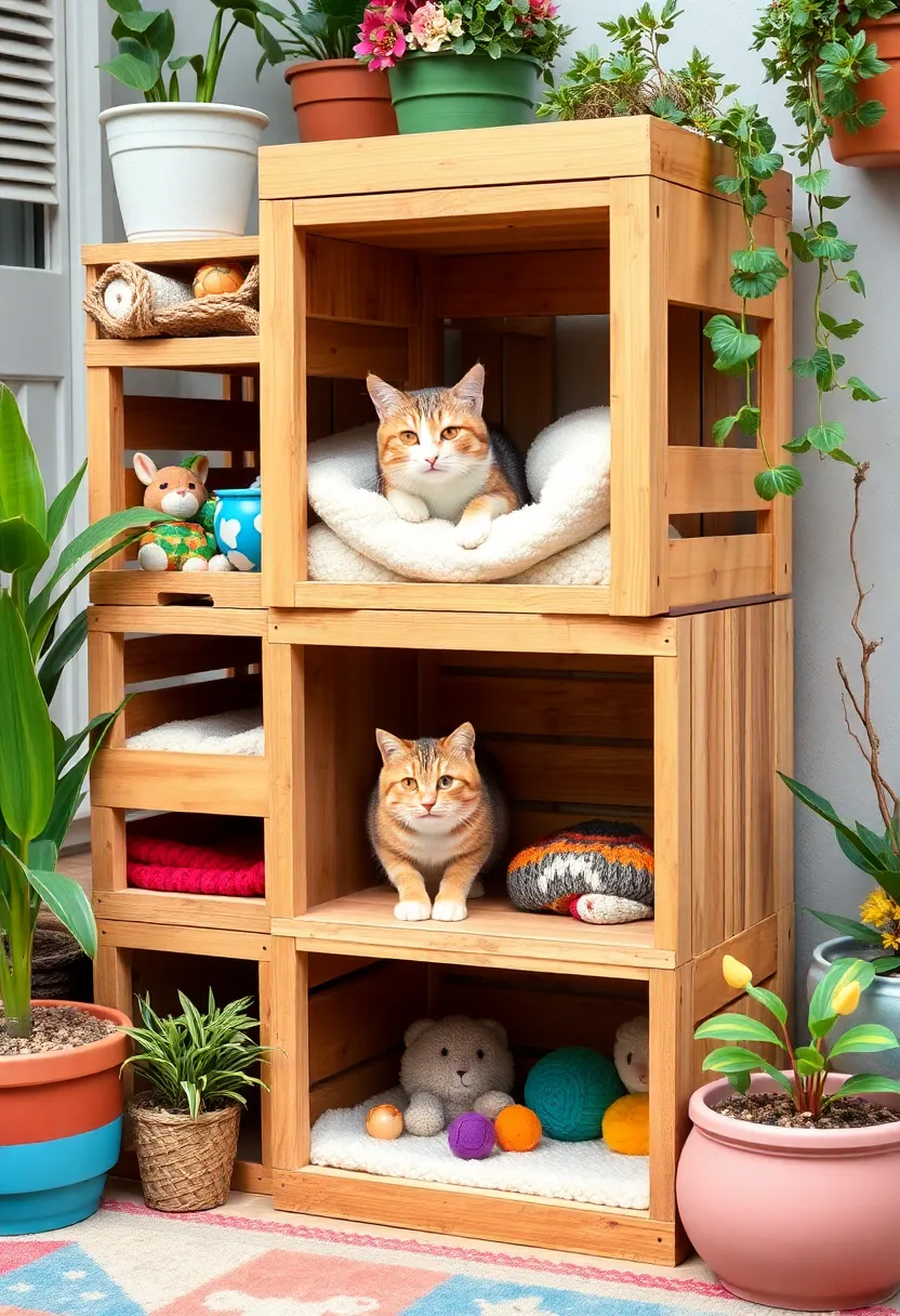 20 Ingenious Homemade Cat Furniture Ideas That Will Have Your Feline Friends Purring in Delight! - 14. Cat Playhouse Made from Wooden Crates