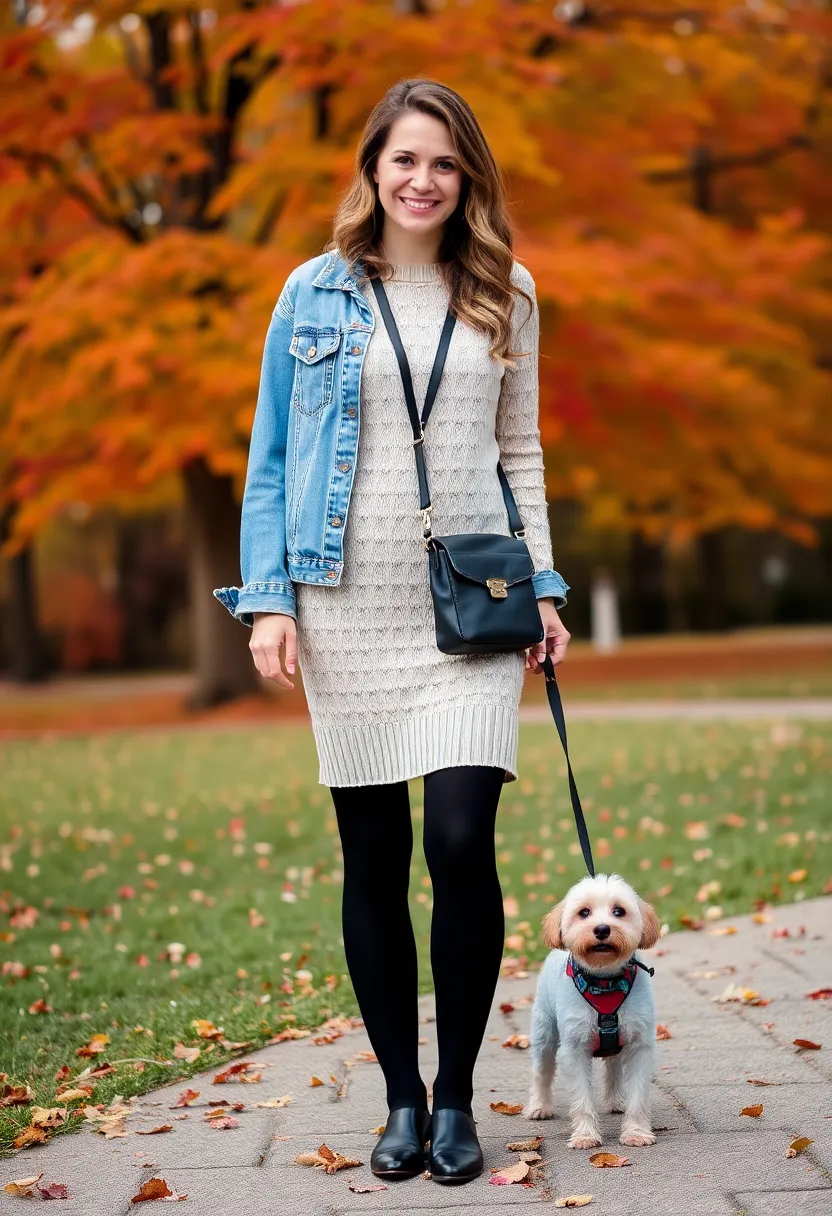 12 Functional Fall Outfits for Dog Walking That Keep You Warm and Stylish! - 3. Cozy and Cute: Knit Dress with Tights